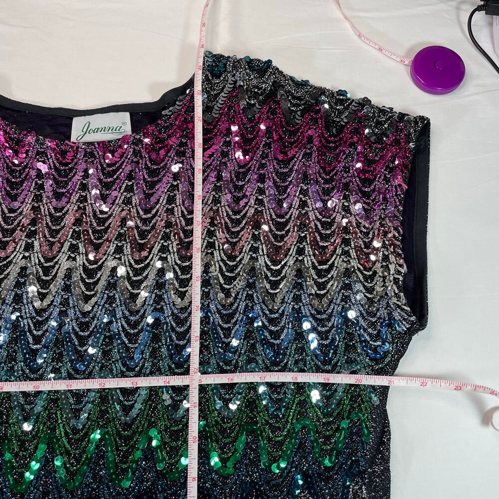 Joanna Vtg Women's Sequin Wave Cap Sleeve Top Black Multi Color M Disco Glam - Picture 5 of 5